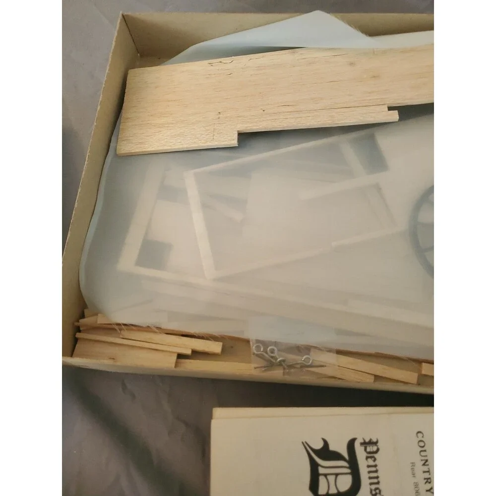 7 Vtg Wood Model Kit Lot Wooden Cover Wagon Log Cabin Sealed Read Gattling Buggy
